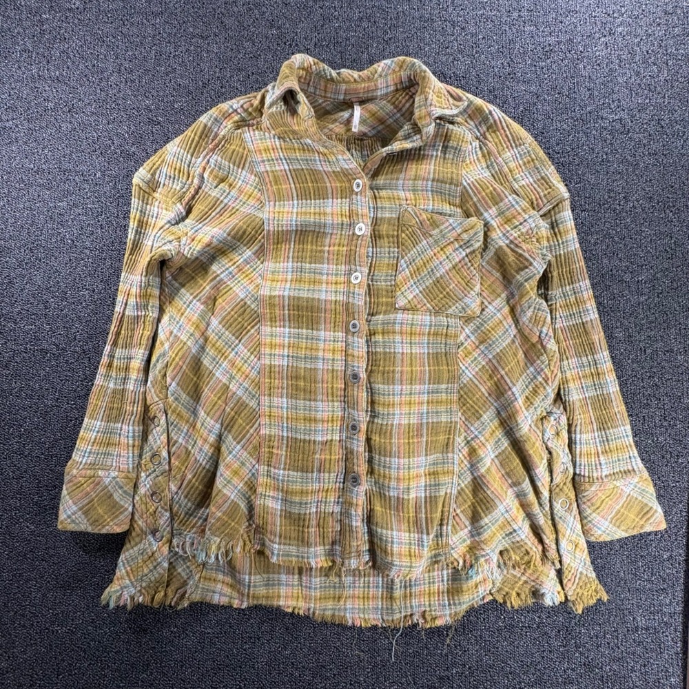 Free People Plaid Gauze Button Up Shirt Women XS Frayed Oversized Distressed